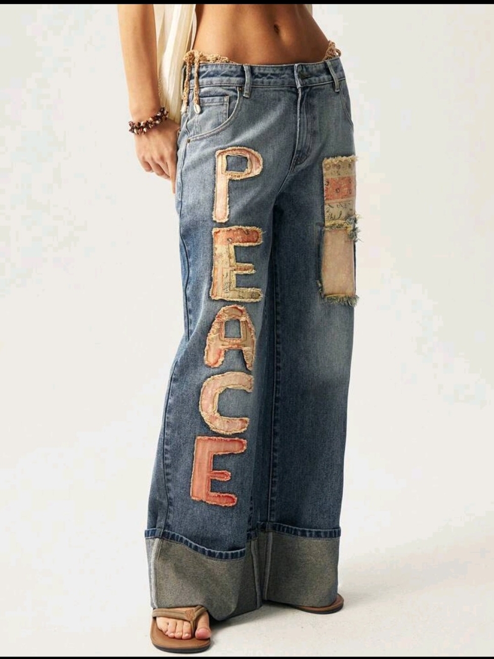Bohemela Women’s Blue Patchwork 'Peace' Wide-Leg Cuff Jeans - Picture 6 of 6
